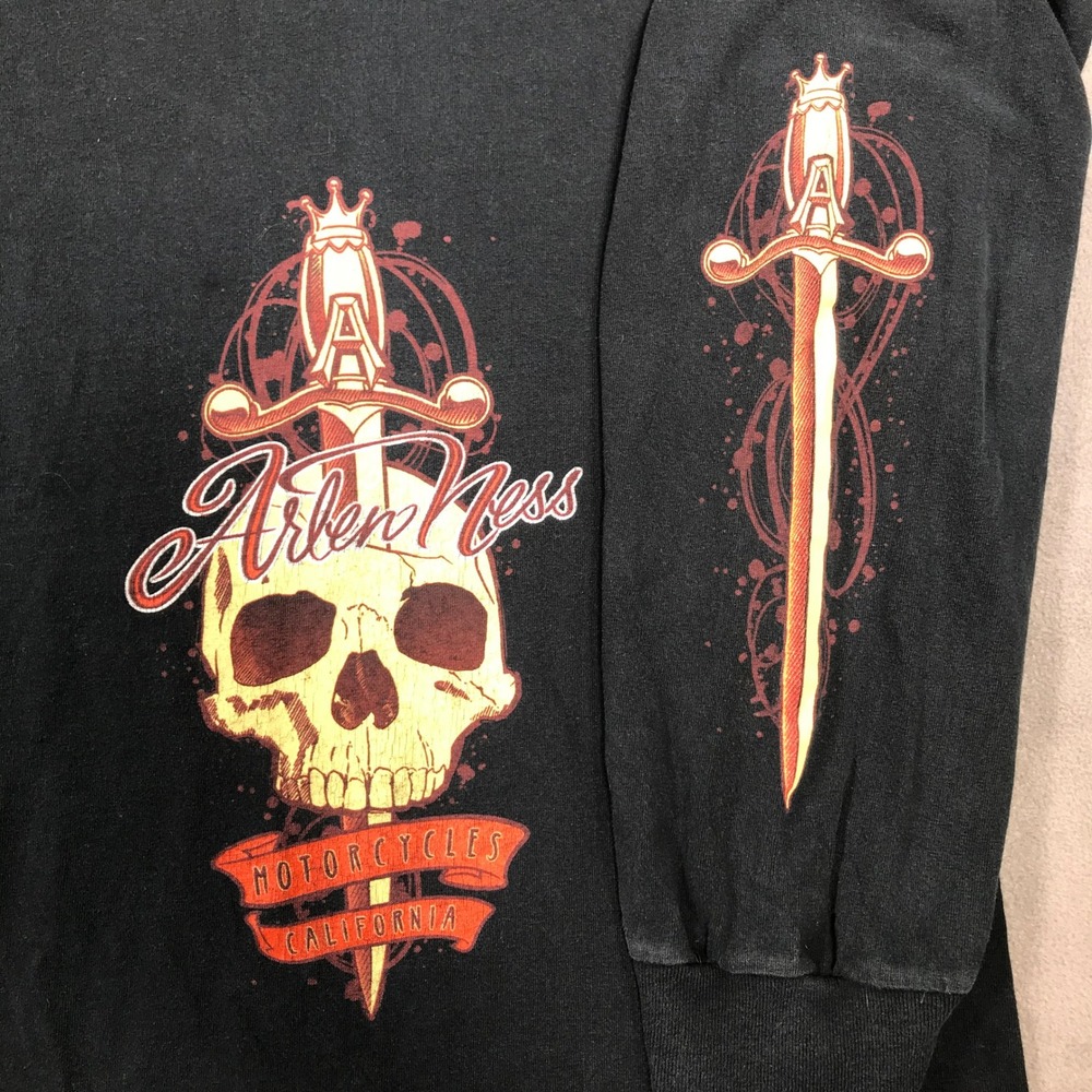 Vintage Arlen Ness Motorcycles Shirt Mens 3XL Black Skull Dagger Long Sleeve Y2K